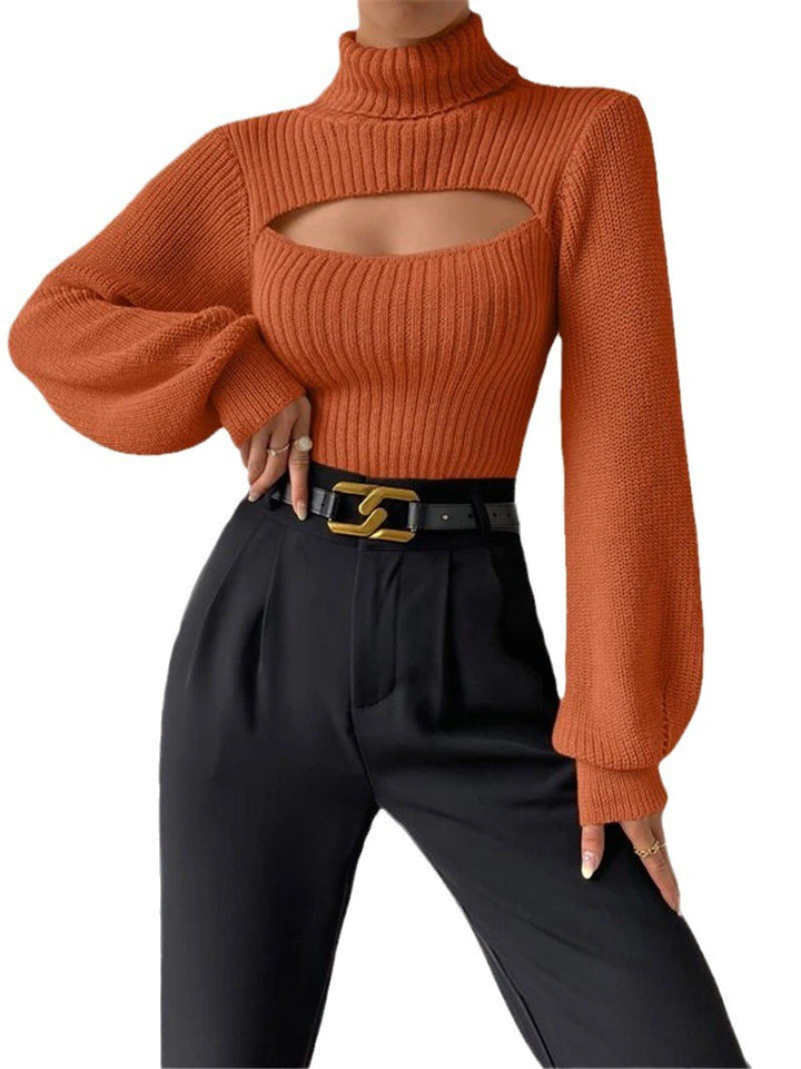 Dame strikbluse med cut-out design og høj krave Stilla