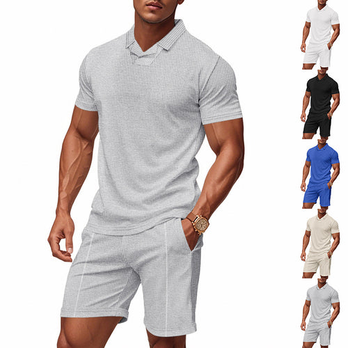 Herre nan afslappet vaffelstruktur fritids sæt med reverskrave kortærmet shirt og elastiske fritids shorts Skovae