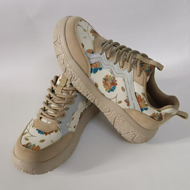 Dame nan mode Plateau-sneakers med blomstret canvasmønster og ruskind pynt skoae