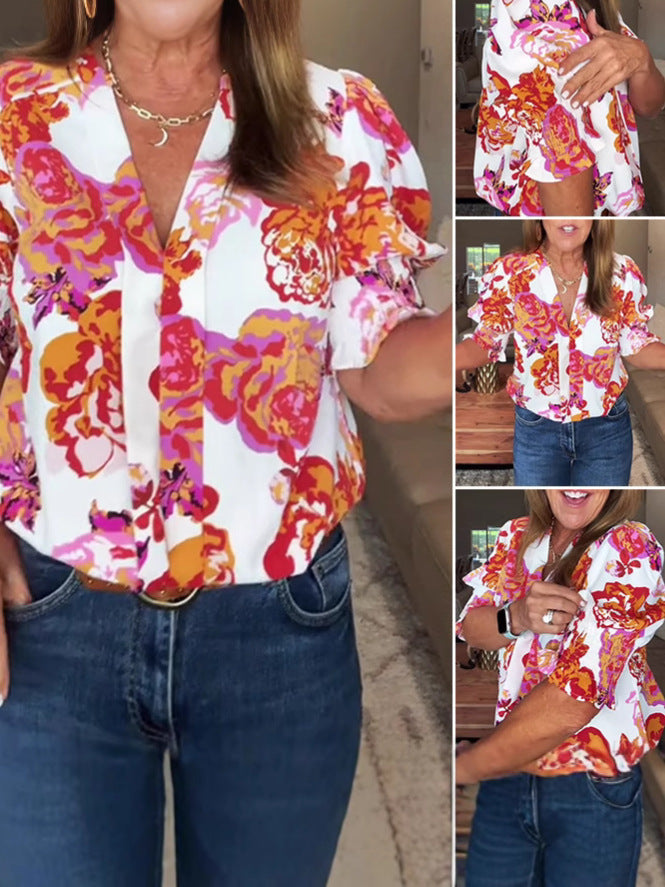 Dame kortærmet bluse med blomster rynker Stilla