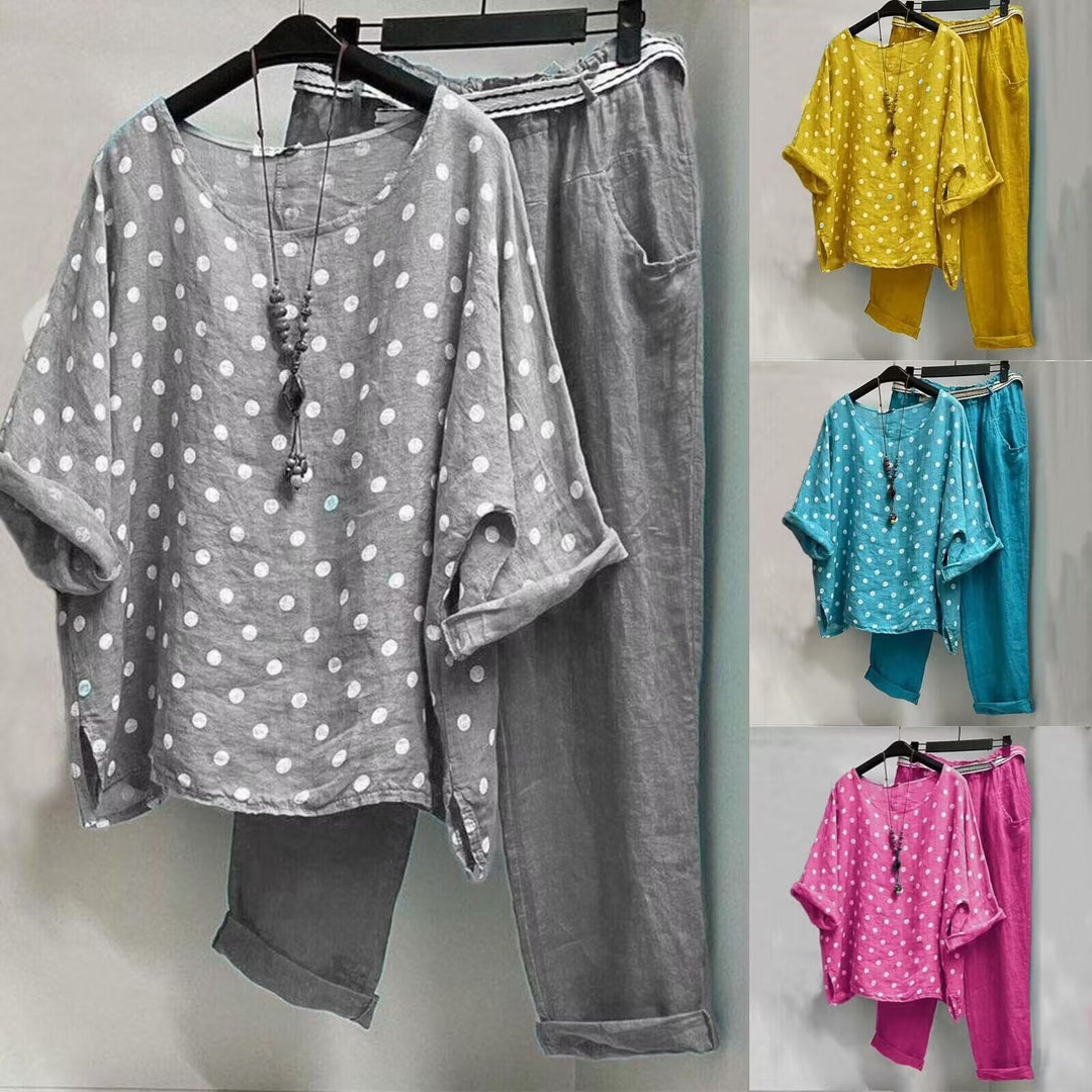 Dame nan Linned-Loungewear-Sæt med prikket Oversize-Tunika og elastisk Båndbukser Skovae