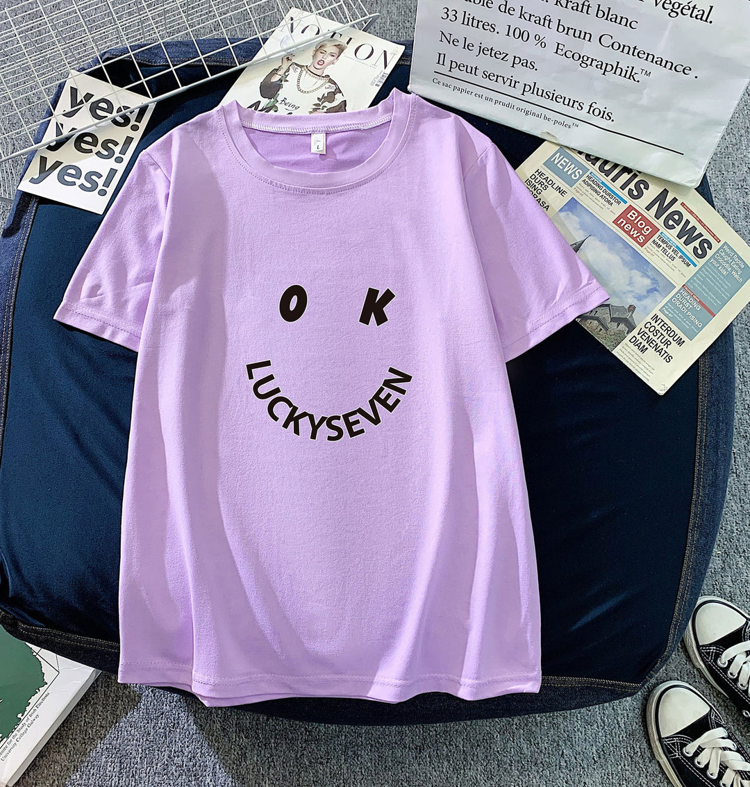 Kvindernes fashionabel t-shirt med afslappet smiley-tryk og høj kvalitet bomulds kvalitet Skovae
