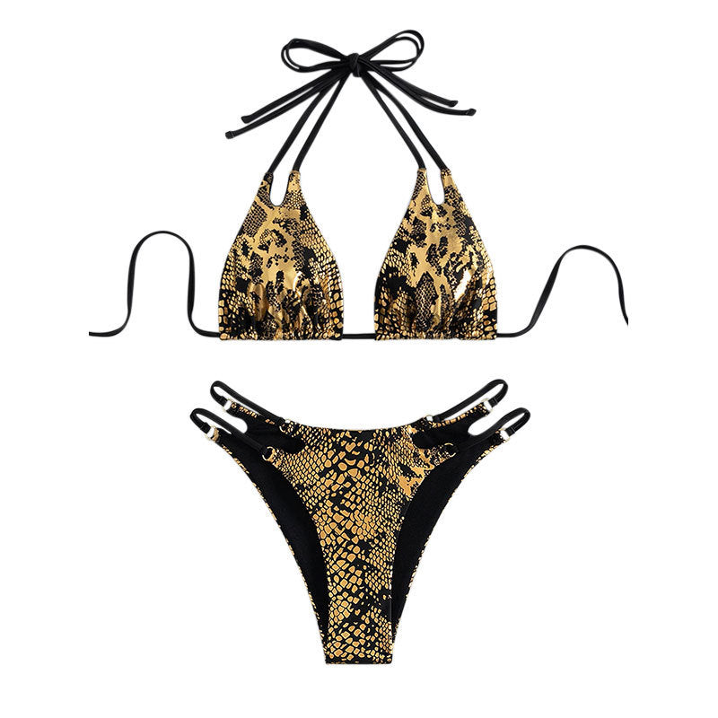 Dame triangel-bikini med elegant slange-mønster og justerbare stropper Skovae