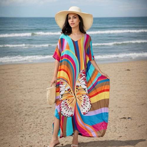 Dame Strandkaftan med farverigt sommerfugletryk Stilla