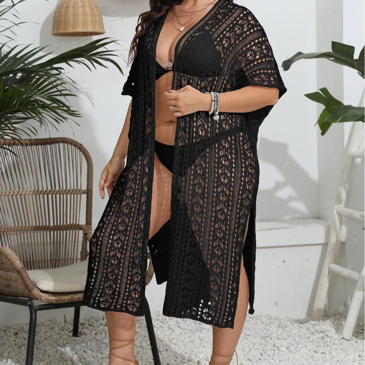 Dame hækle-strandkimono med luftig maskestruktur og siden slidsdetaljer Stilla