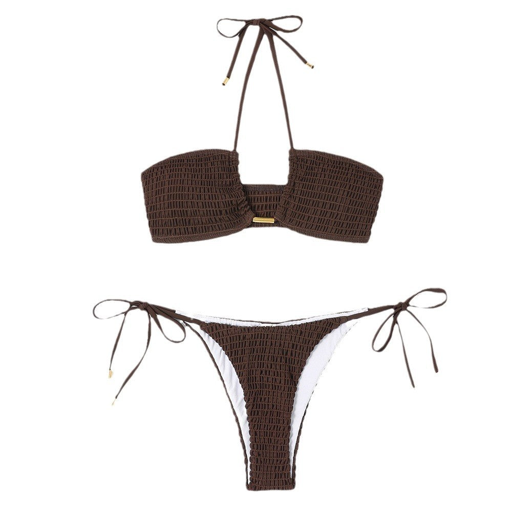 Dame bandeau-bikini-sæt med elastisk ribstof og dekorative snøringer Stilla