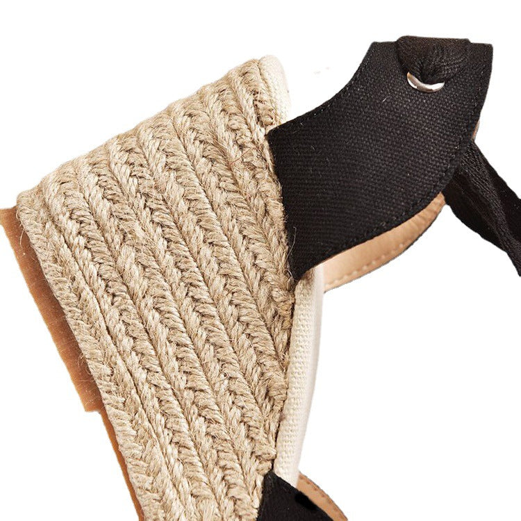 Dame nan Textil-Espadrille med bastkile, sløjfebånd-ankelrem og hæklede tåkapper Skovae