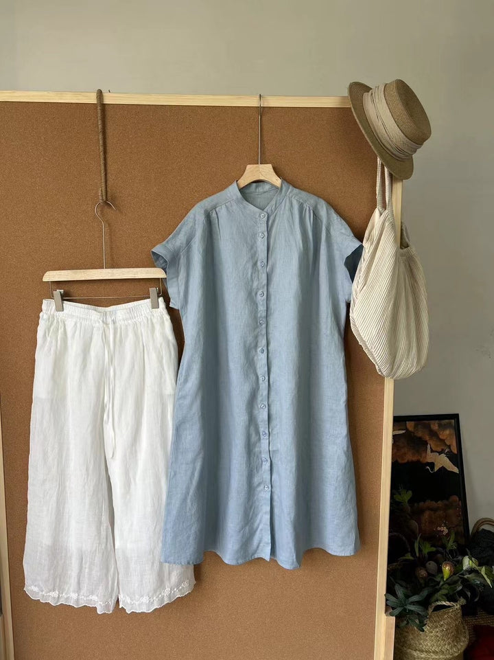 Dame Relaxed Fit Linned Knapliste Tunika Skjorte Stilla