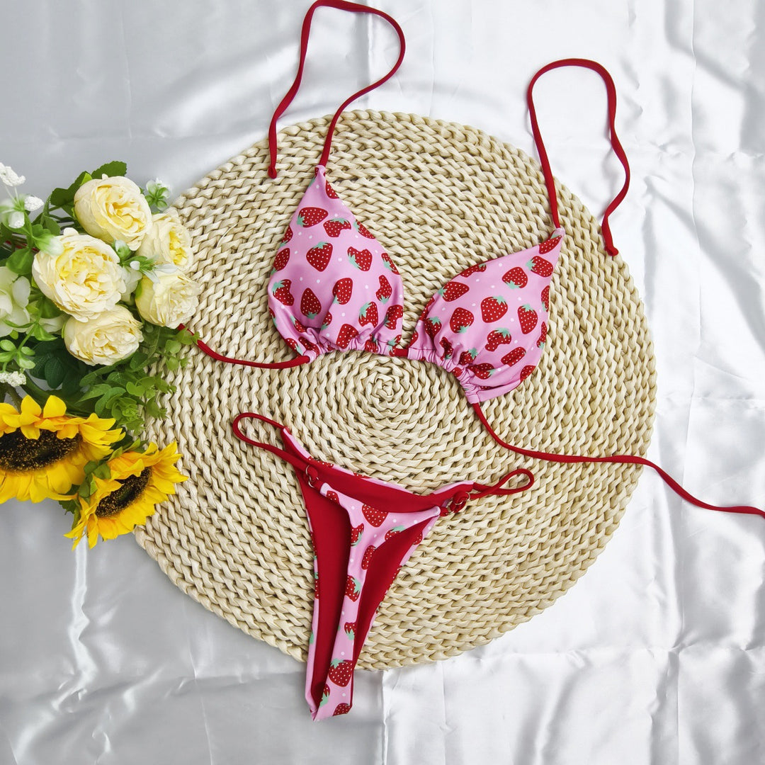 Dame triangulært bikini-sæt med muntert kirsebærmønster og justerbare stropper Skovae