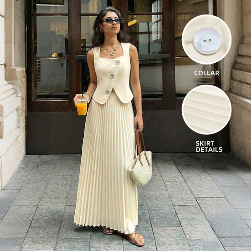 Damen Plissiertes Maxikleid mit elegantem Überwurf Skovae