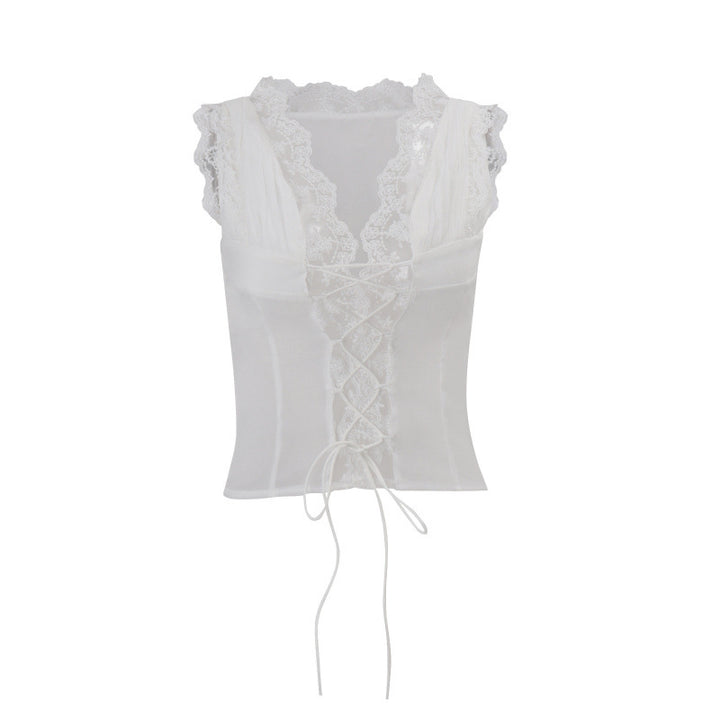 Damen Spitzen-Corsage mit Schnürung und Volantärmeln Skovae
