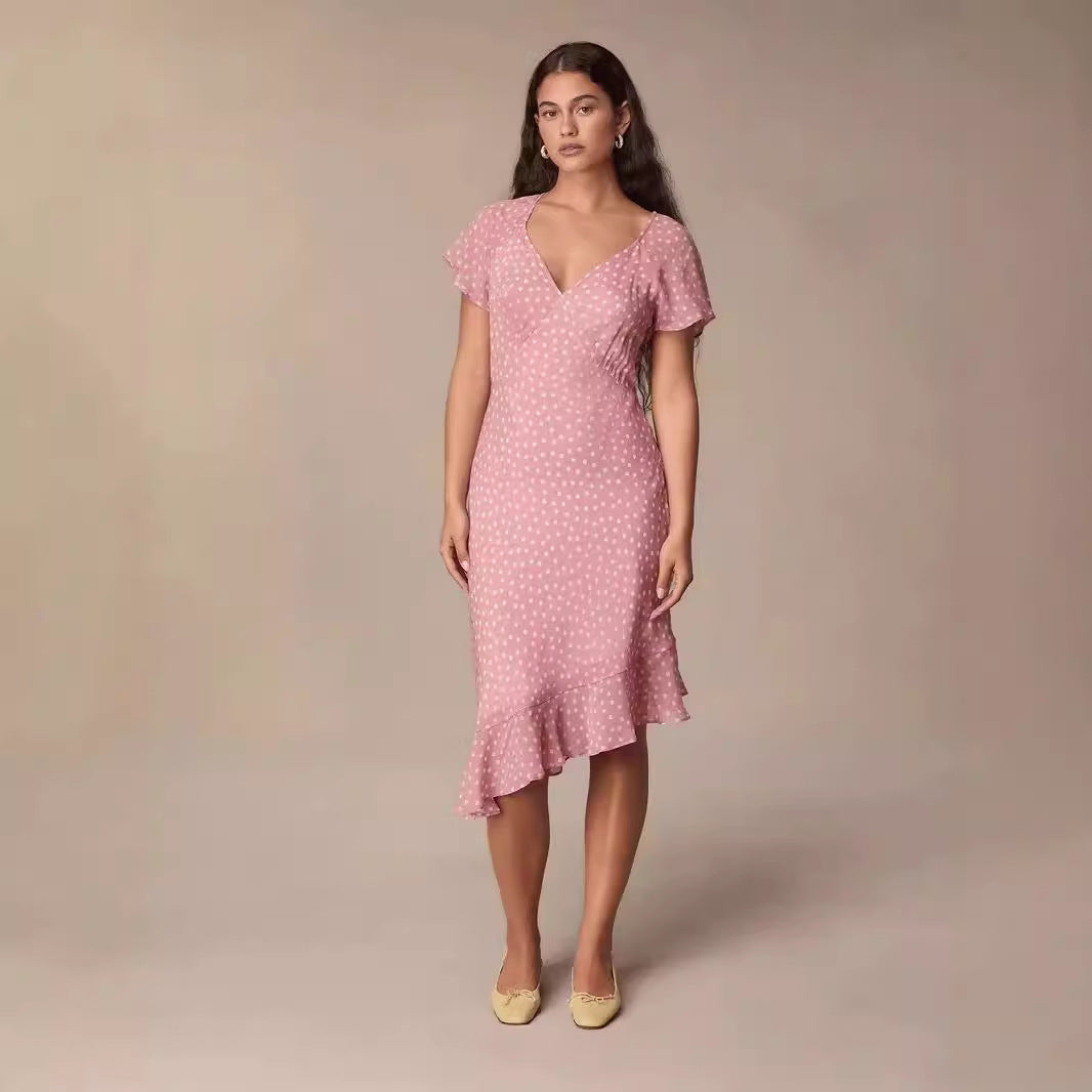 Dame Midikjole med elegant flæsekanter og fint polka-dot mønster Stilla