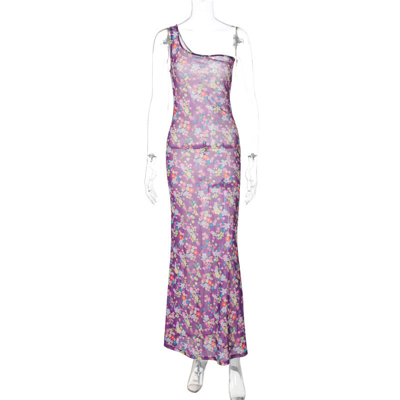 Dame Fuzzy Maxikjole med asymmetrisk design og farverigt blomsterprint Stilla