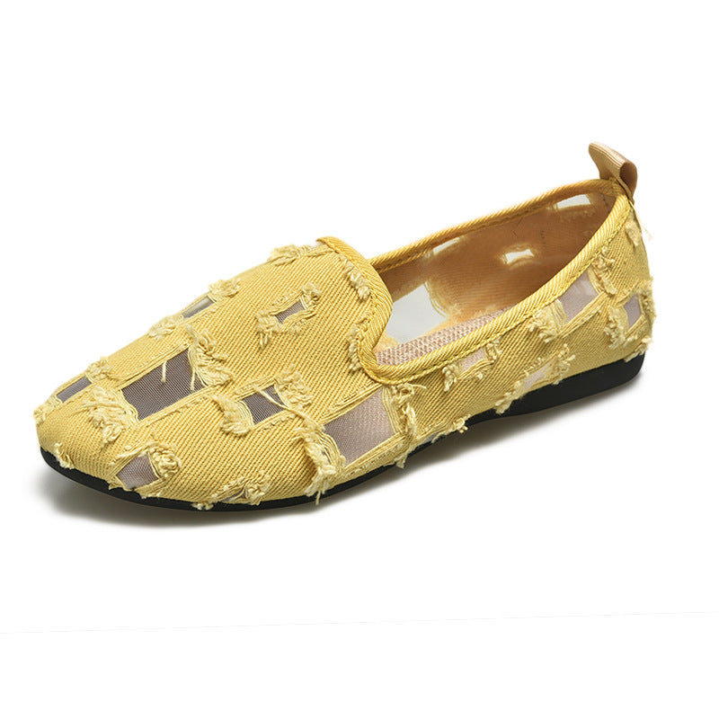 Damer med casual slip-on sko med netindsatser og frayed denim detaljer Skovae
