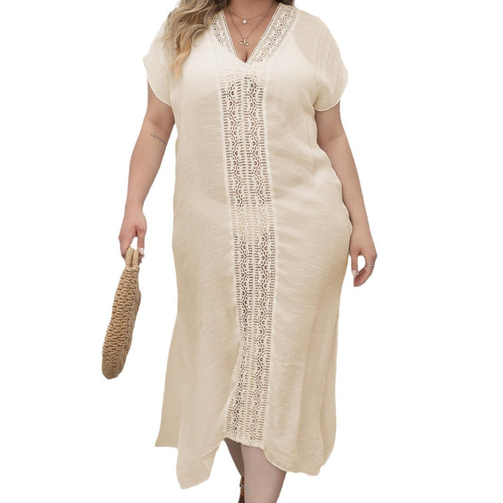 Dame elegant Maxi-Kaftan med generøs V-udskæring og filigran hækleaccentuer Skovae