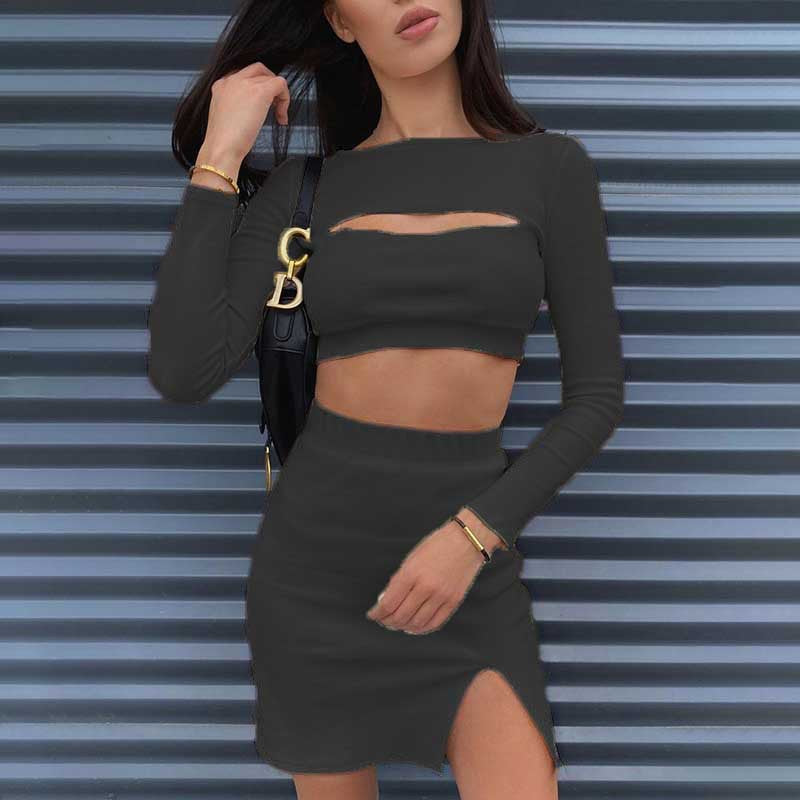 Dame To-delt Sæt med skulderfrit Crop-Top og Bodycon Nederdel med Slids Stilla