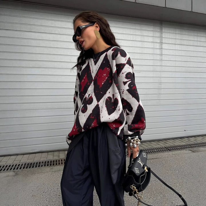 Dame oversized strik sweater med geometrisk mønster og flydende ærmer Stilla