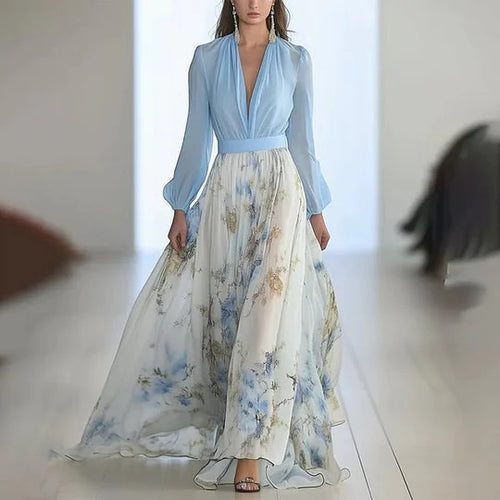 Dame Elegant Maxikjole med v-hals og flydende skørt Stilla