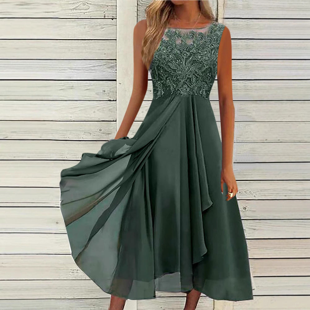 Damernes ærmeløse chiffon midikjole med broderet illusionsspitze, skibudskæring og lagdelt skørt Skovae