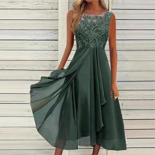 Damernes ærmeløse chiffon midikjole med broderet illusionsspitze, skibudskæring og lagdelt skørt Skovae