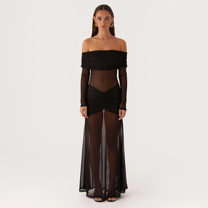 Damer gennemsigtigt maxikjole med off-shoulder design og flæser Skovae