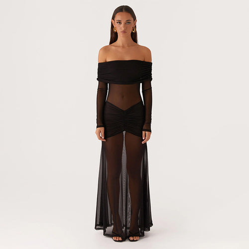 Damer gennemsigtigt maxikjole med off-shoulder design og flæser Skovae