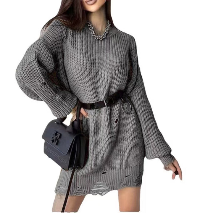 Dame Oversized Strik kjole med afslappet, frynset kant og moderne ribmønster Stilla