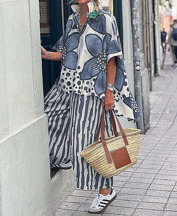 Dame Stilfuldt Floralprint Poncho og Bred-Bukser Sæt Stilla