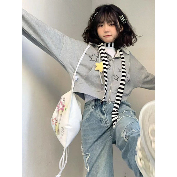 Kvindernes cropped hoodie med kreative stjernedekorationer Stilla