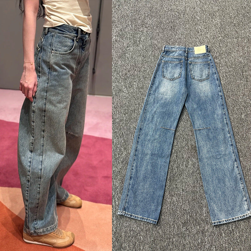 Dame brede denim-bukser med høj talje og diskret broderimønster Stilla