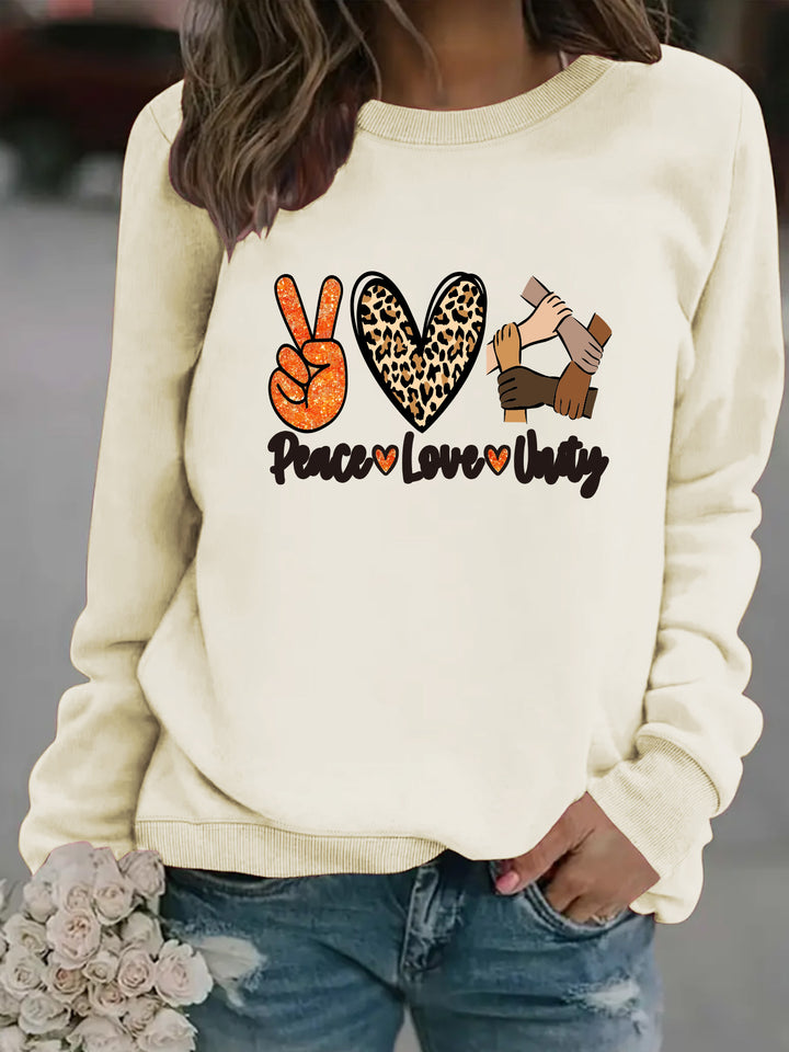 Kvinders sweatshirt med kreativt Peace, Love & Unity design Stilla