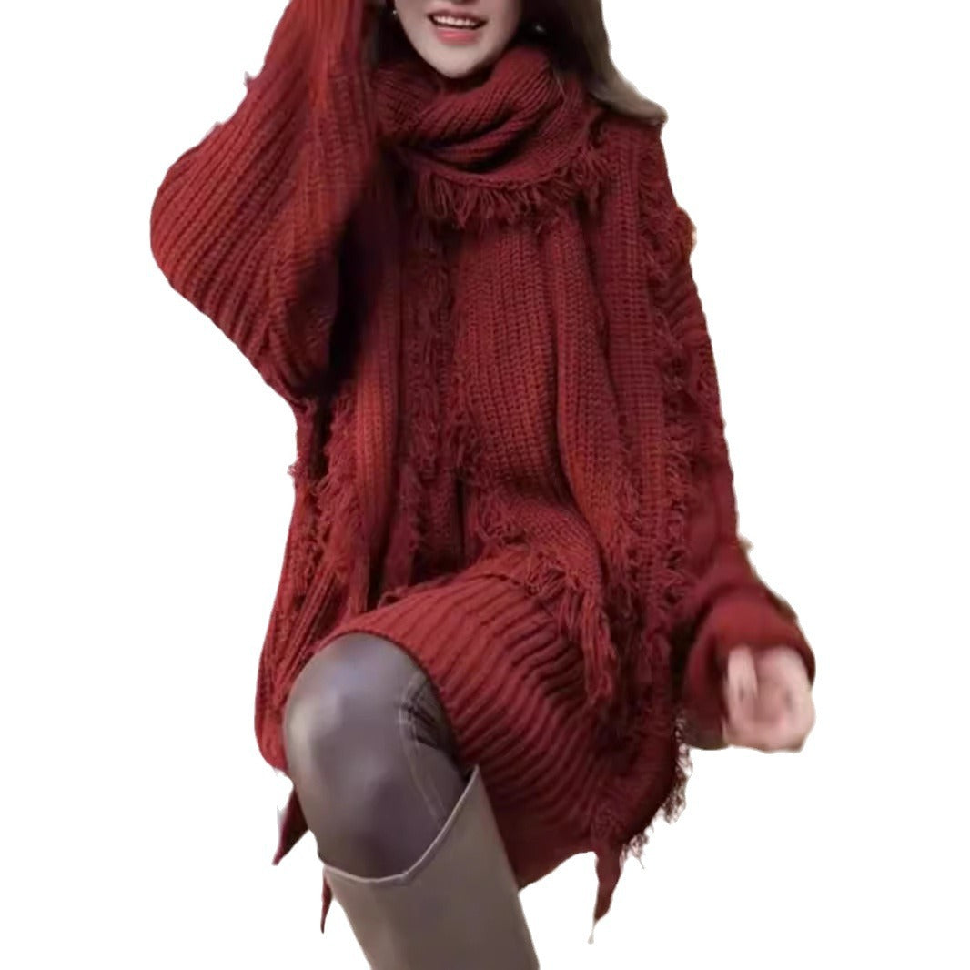 Kvindernes oversized strikket sweater med frynser og V-hals Stilla