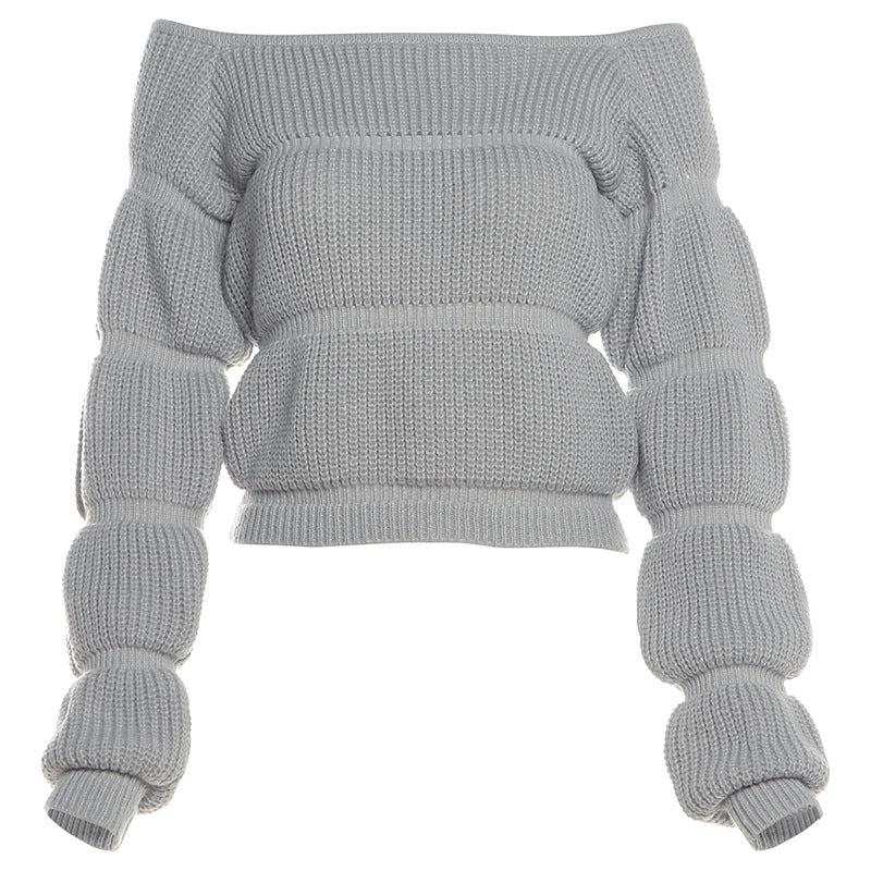 Dame Off-Shoulder Strikpullover med Puffærmer og Ribstruktur Stilla