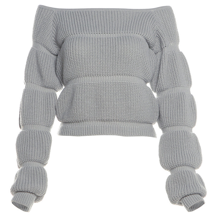 Dame Off-Shoulder Strikpullover med Puffærmer og Ribstruktur Stilla