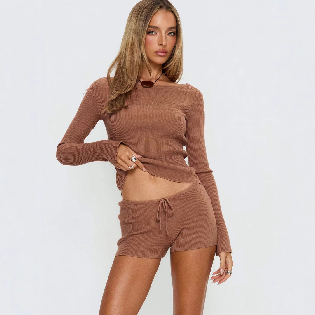 Kvinder Rib Strik Loungewear Sæt med Blød Top og Shorts Skovae