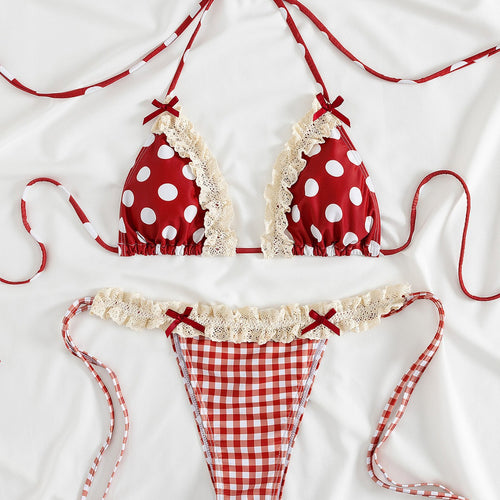 Dame bikini sæt med legende prikker og rute mønster Skovae