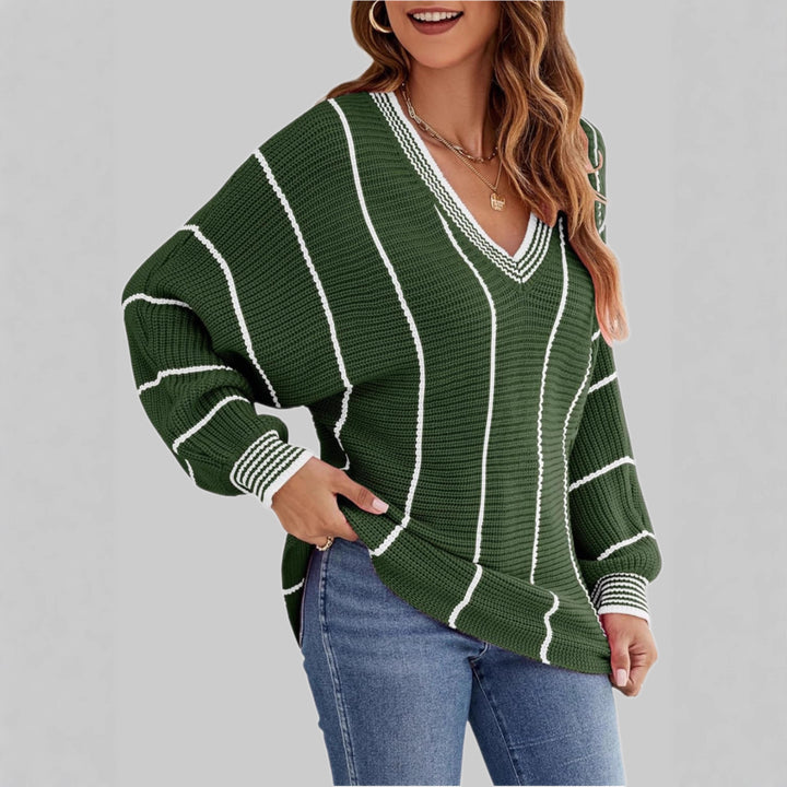 Damer Stilfuld Sweater med V-Hals og Stribet Design Stilla