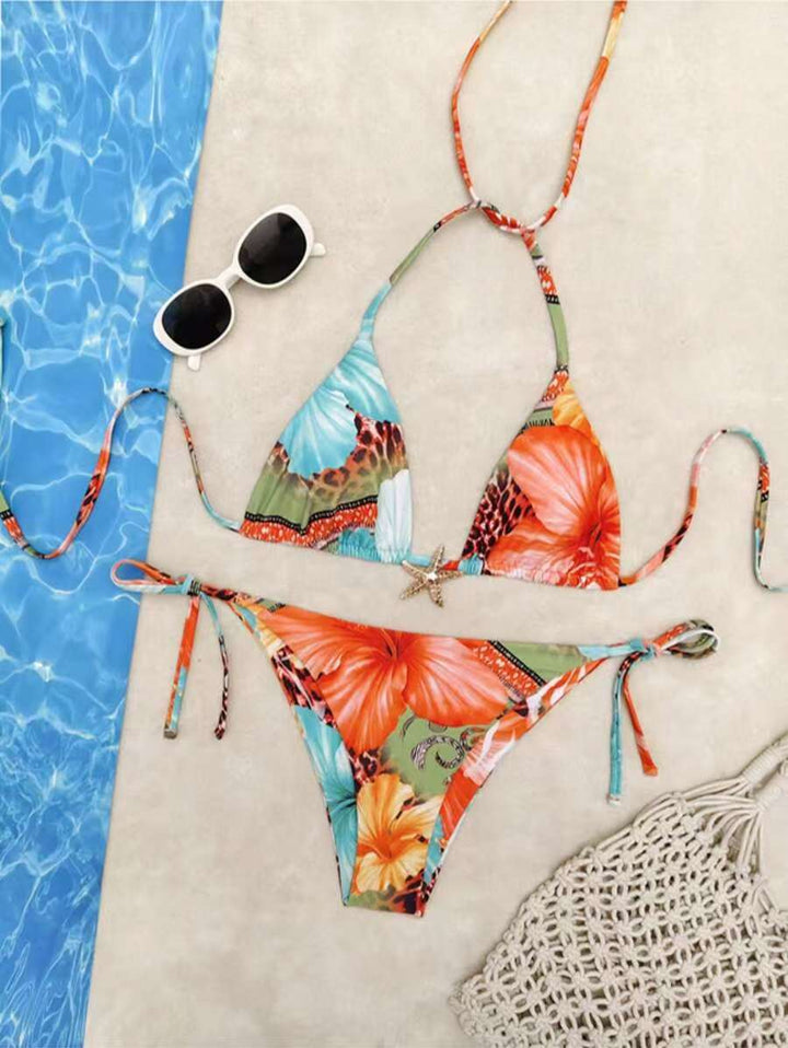 Dame triangel-bikini med blomsterdesign og justerbare bånd Skovae