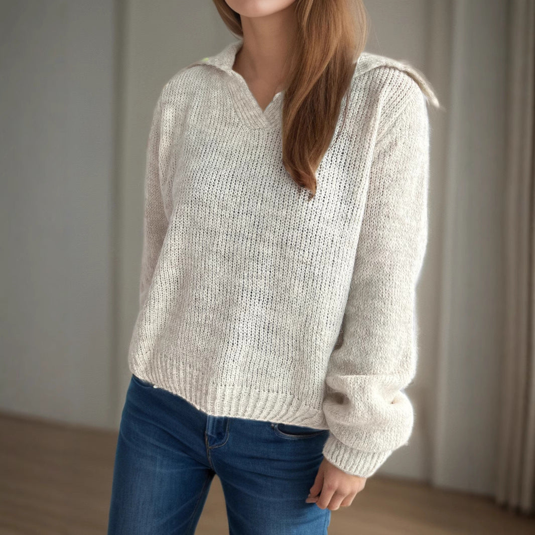Kvinders afslappede strikket sweater med V-hals og voluminøse ærmer Stilla