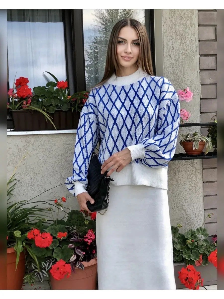 Femme Artistic Diamond Pattern Strikpullover Stilla