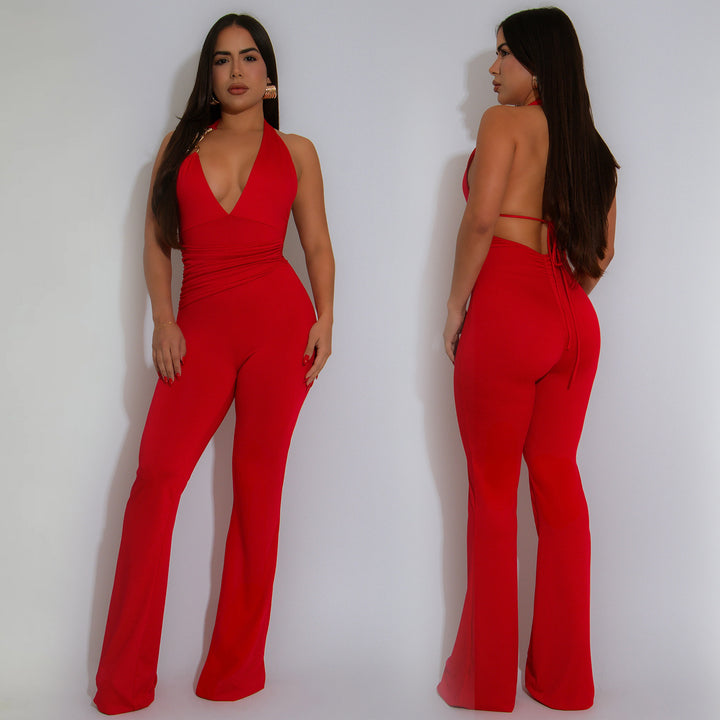 Dame Elegant Flydende Jumpsuit med dyb V-udskæring og tætsiddende silhuet Stilla