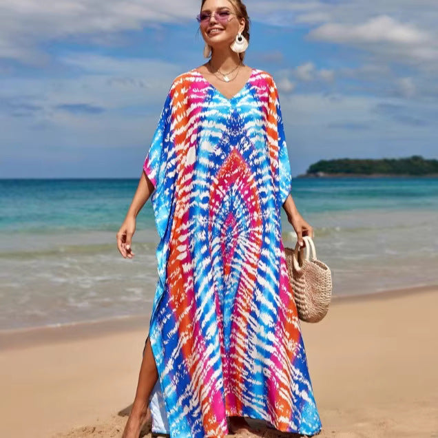 Dame Strandkjole med farverigt batikdesign og brede ærmer Skovae