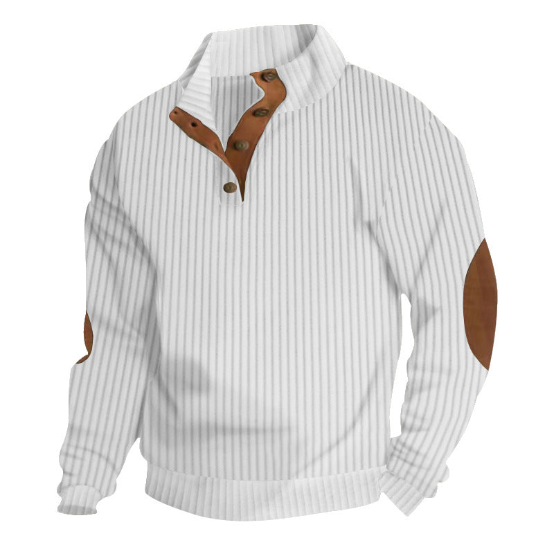 Herren nan struktureret rib-pullover med kort knapkrave og suede albue-patches Skovae