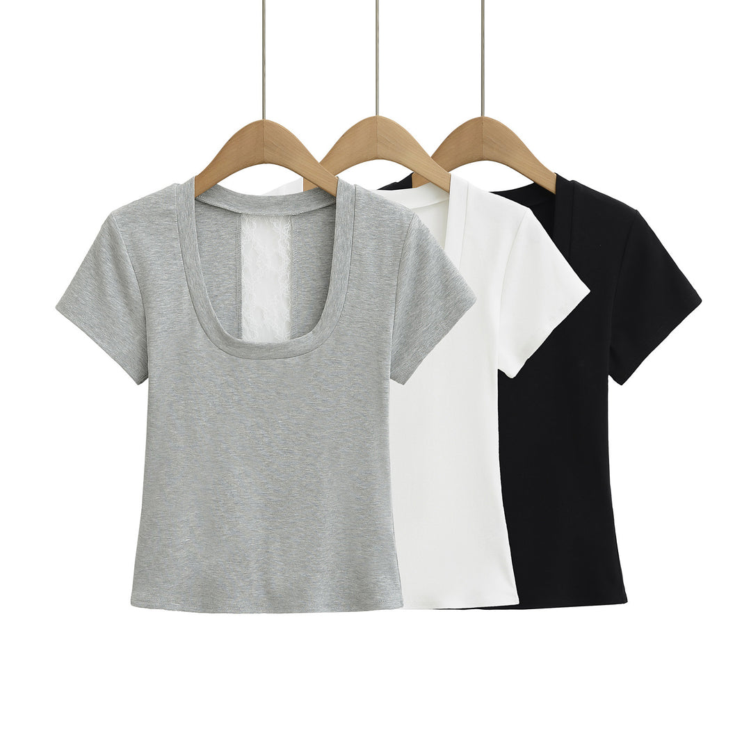 Dame afslappet rundhals T-shirt med delikat spids ryg Stilla