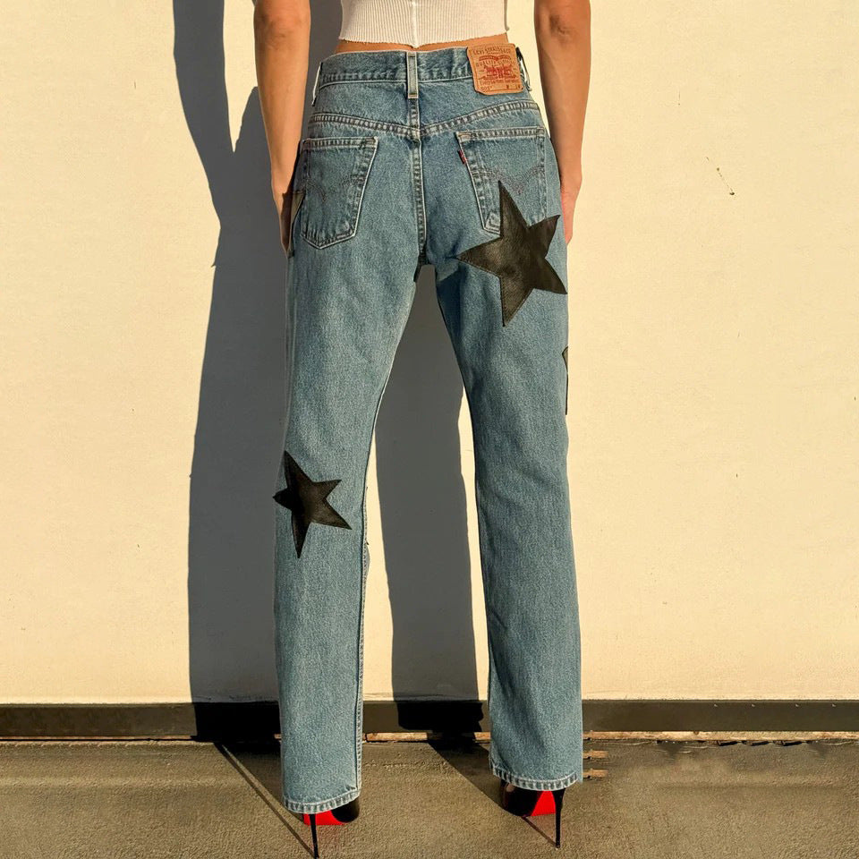 Kvindernes fashionable jeans med iøjnefaldende stjerneapplikationer Stilla