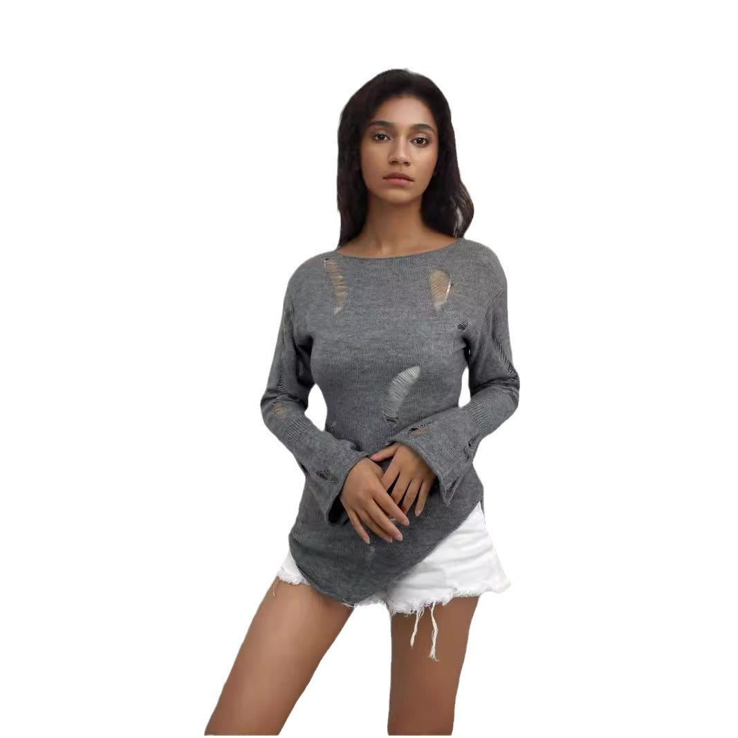 Kvinders urbane ribstrikkede sweater med slidte detaljer Stilla