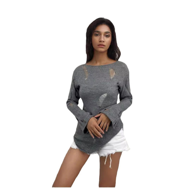 Kvinders urbane ribstrikkede sweater med slidte detaljer Stilla
