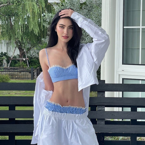 Dame Bustier-top med fine stribedetaljer og elegant spidsdekoration Stilla