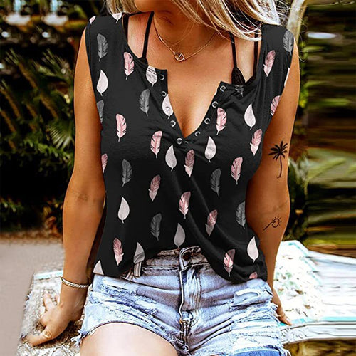 Dame Knapper T-Shirt med Fjerprint Stilla