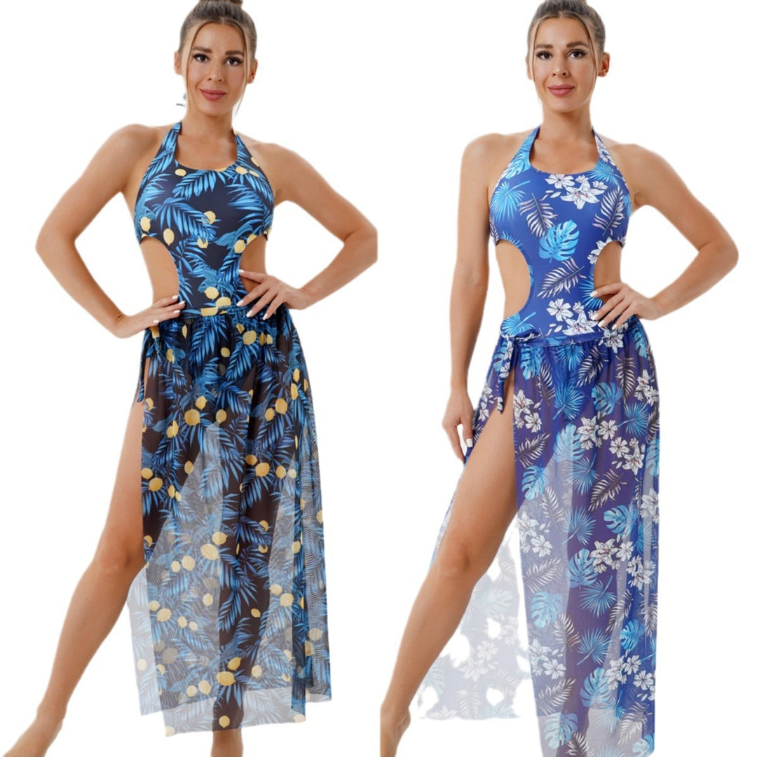 Dame Én-delt Badedragt med blomster Cut-Out-design og gennemsigtig Strandkjole Stilla